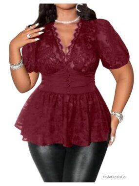 Plus Size Lace Peplum Top Sheer V-Neck Short Sleeve Concert Blouse